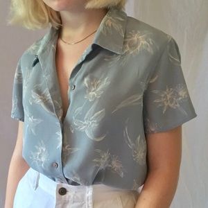 silk liz claiborne blue floral collared blouse